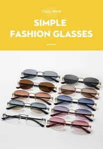 Detail of rimless sunglasses featuring golden leopard hinge and wooden texture temples