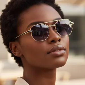 Lunettes aviateur rétro à double pont en métal doré avec verres dégradés chic