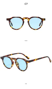 Detailed front and side views of vintage oval tortoise shell sunglasses with blue lenses