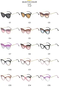 Detaillierter Katalog mit 15 Farbvarianten für Cat-Eye-Sonnenbrillen und Klargläser