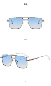 Detail of retro metal square sunglasses with blue gradient lenses and red stripe accents