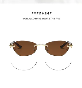 Detail of rimless sunglasses with brown tinted lenses and gold metal bridge accents
