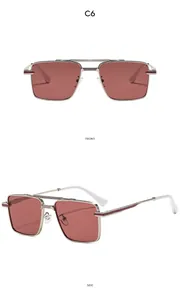 Front and side views of square metal sunglasses with double bridge and silver frames