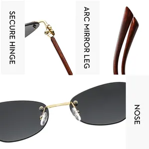 Close-up of secure metal hinge and wood grain temples on rimless sunglasses