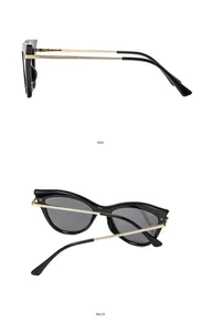 Seiten- und Rückansicht der Cat-Eye-Sonnenbrille mit goldgewebten Metallbügeln