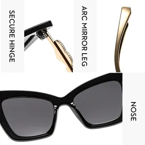 Detailed views of cat-eye sunglasses featuring secure hinges and arc mirror legs