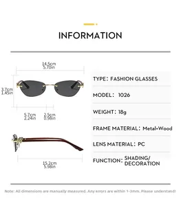 Detailed size chart for rimless wood grain sunglasses with dimensions in cm and inches