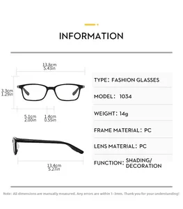 Detailed technical diagram showing square frame glasses dimensions and PC material weight