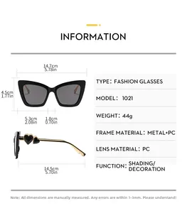 Size chart showing cat eye sunglasses dimensions with metal and PC frame details