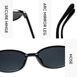 Detail view of oval sunglasses featuring reinforced hinges and smooth arc mirror legs
