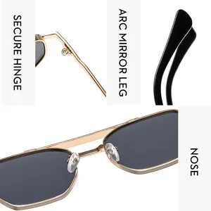 Détails de lunettes pilote en métal doré avec charnières renforcées et branches courbes