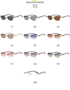 Detailed catalog showing 10 color options of rimless sunglasses with leopard head hinges