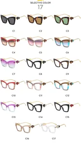 Selective color display of 17 cat-eye glasses styles with unique heart-shaped metal hinges
