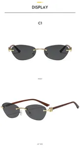 Retro rimless sunglasses with gold floral hinges and dark wood texture temples