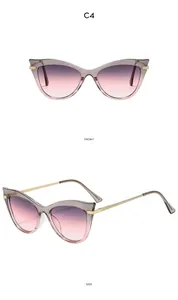 Vorder- und Seitenansicht der Katzenaugen-Sonnenbrille mit lila Verlaufsgläsern und Goldbügeln