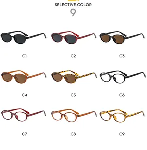 Nine color options for oval retro sunglasses with vintage frames and rivet details