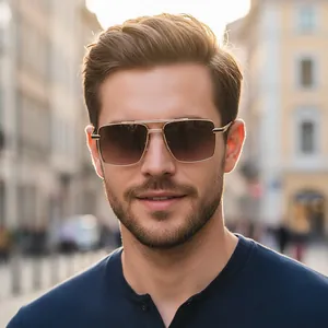 Classic double-bridge square metal sunglasses for men with gold frame and gradient brown lens