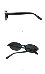 Detailed side and back views of oval sunglasses with silver studs on black frames