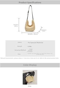 Detailed sizing chart and specifications for woven PU leather bucket crossbody bag