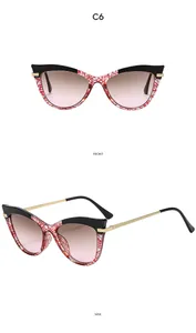 Vorder- und Seitenansicht der C6 Cat-Eye-Sonnenbrille mit rot-weißem Muster und Verlauf