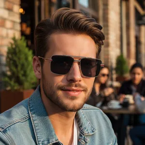 Classic double-bridge square metal sunglasses with grey lenses for men in urban setting