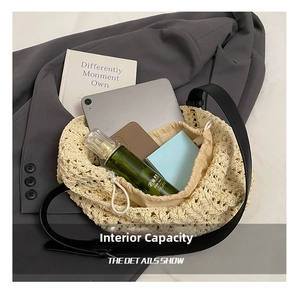 Top-down view of beige crochet bucket bag showing spacious interior with drawstring liner