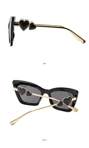 Detailed side and back view of cat eye sunglasses with heart-shaped metal temples
