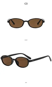 Front and side views of vintage oval sunglasses with black frames and brown lenses
