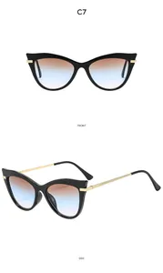Vorder- und Seitenansicht der schwarzen Cat-Eye-Sonnenbrille mit goldenen Metalldetails Modell C7