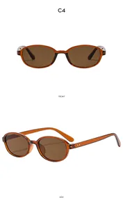 Front and side views of vintage oval sunglasses with translucent brown frames and lenses