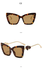 Cat eye sunglasses detail view showing tortoiseshell frame and heart charms