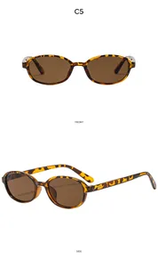 Detail view of oval tortoiseshell sunglasses with brown lenses from front and side angles