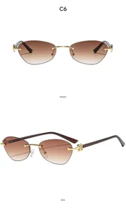 Front and side view of rimless gradient brown sunglasses with floral metal temples