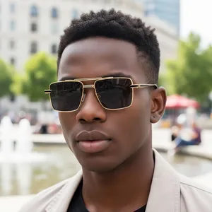 Classic double bridge square metal sunglasses for men with gold frames and dark lenses