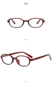 Front and side views of small oval burgundy retro sunglasses with translucent red frames