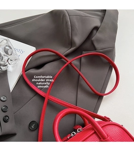 Detail of red pebbled leather shoulder strap and metallic zipper on a fashion handbag