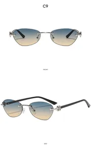 Frameless sunglasses with blue-brown gradient lenses and silver flower hinge detail