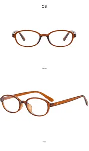 Front and side view of small oval retro sunglasses in transparent tea frame with dot detail