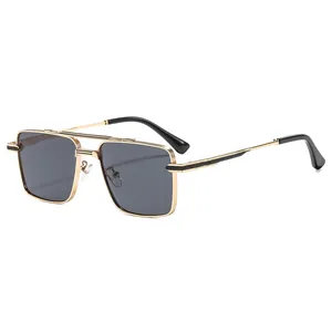 Retro square metal sunglasses with double bridge and dark grey lenses for a vintage look