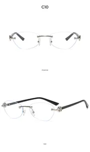 Detailed views of rimless sunglasses with ornate metal hinges and matte black temples