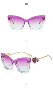 Detailed front and side views of cat eye sunglasses with purple heart hinge and gold temples