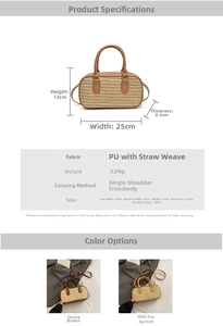 Detailed size specifications and material chart for woven Boston bucket bag with strap