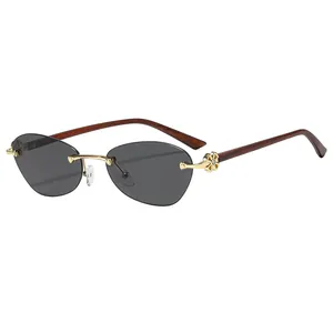 Vintage rimless sunglasses with gradient lenses and elegant wood grain temples for women