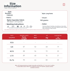 Detailed size chart for high waist yoga leggings with fabric specs and measurements