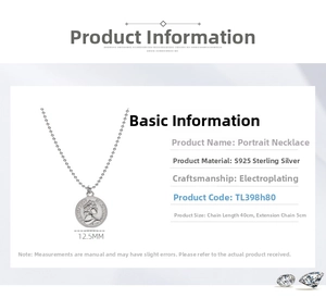 Detail view of S925 sterling silver queen coin pendant necklace with size specifications