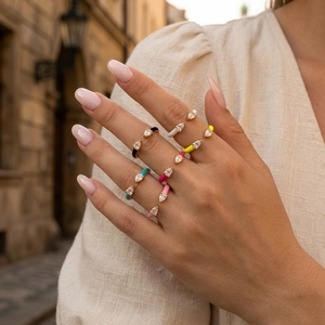 Colorful enamel drip open rings with pear-cut cubic zirconia in 18K gold plating