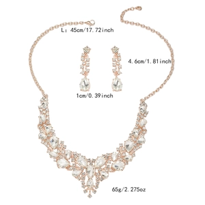 Detailed size view of rose gold bridal rhinestone necklace and earring set dimensions