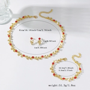Detailed size chart for red crystal flower necklace, bracelet and earrings jewelry set