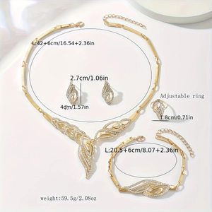 Detail showing bridal rhinestone jewelry set dimensions and weight on silk background