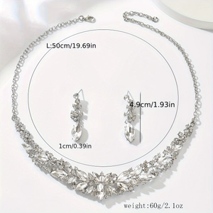 Detailed specs of crystal bridal jewelry set with necklace and drop earring dimensions